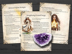 Witchcraft-themed pages on advanced sefense strategies and strengthening personal energy, on a wooden surface with text and images of a witch and amethyst crystal.