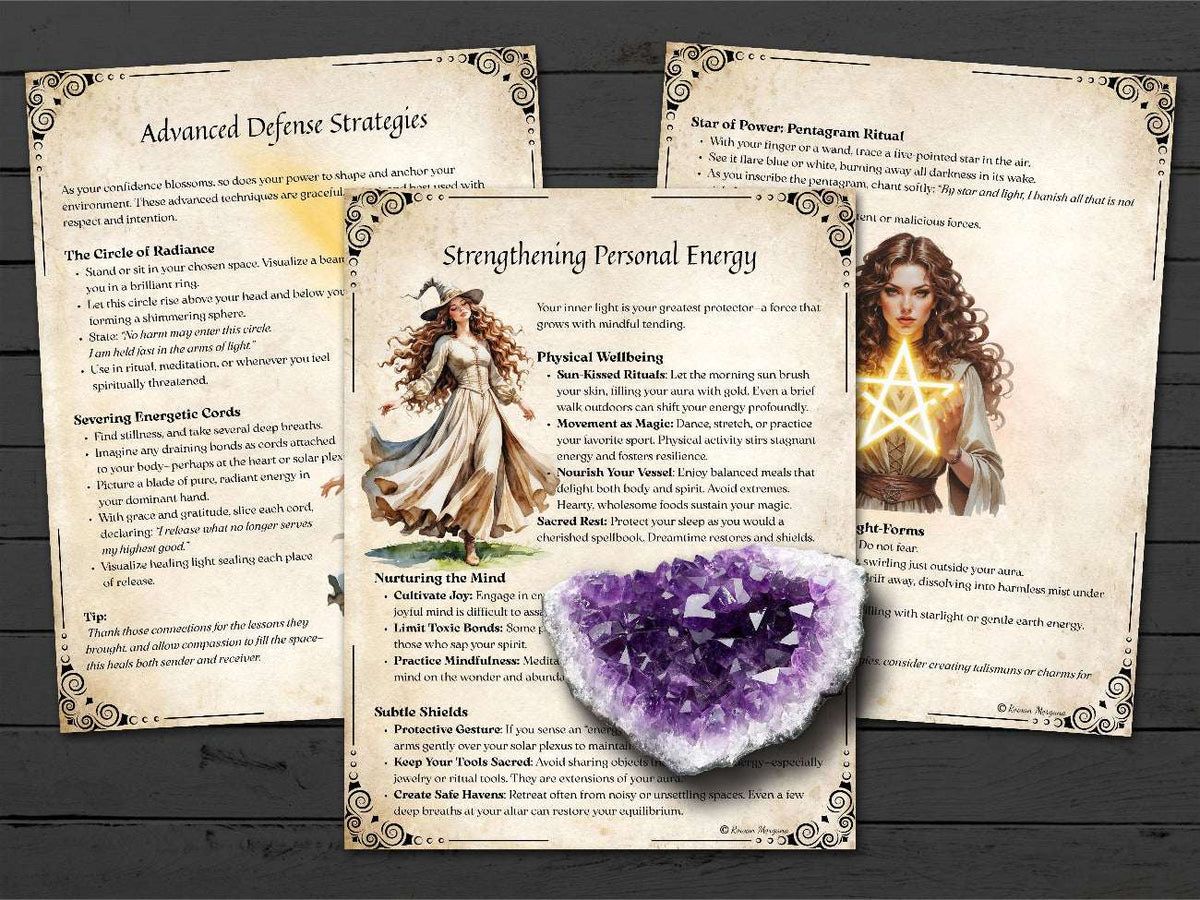 Witchcraft-themed pages on advanced sefense strategies and strengthening personal energy, on a wooden surface with text and images of a witch and amethyst crystal.
