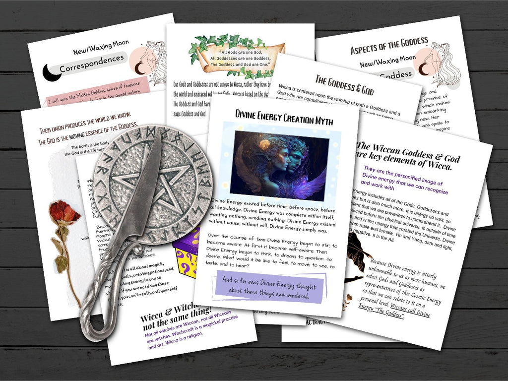 Eight pages withdivine energy creation myth, the goddess and god, wicca and witchcraft, new and waxing moon corresponcences,and motivational text on a black wood background with a pentacle and athame placed on top of them.