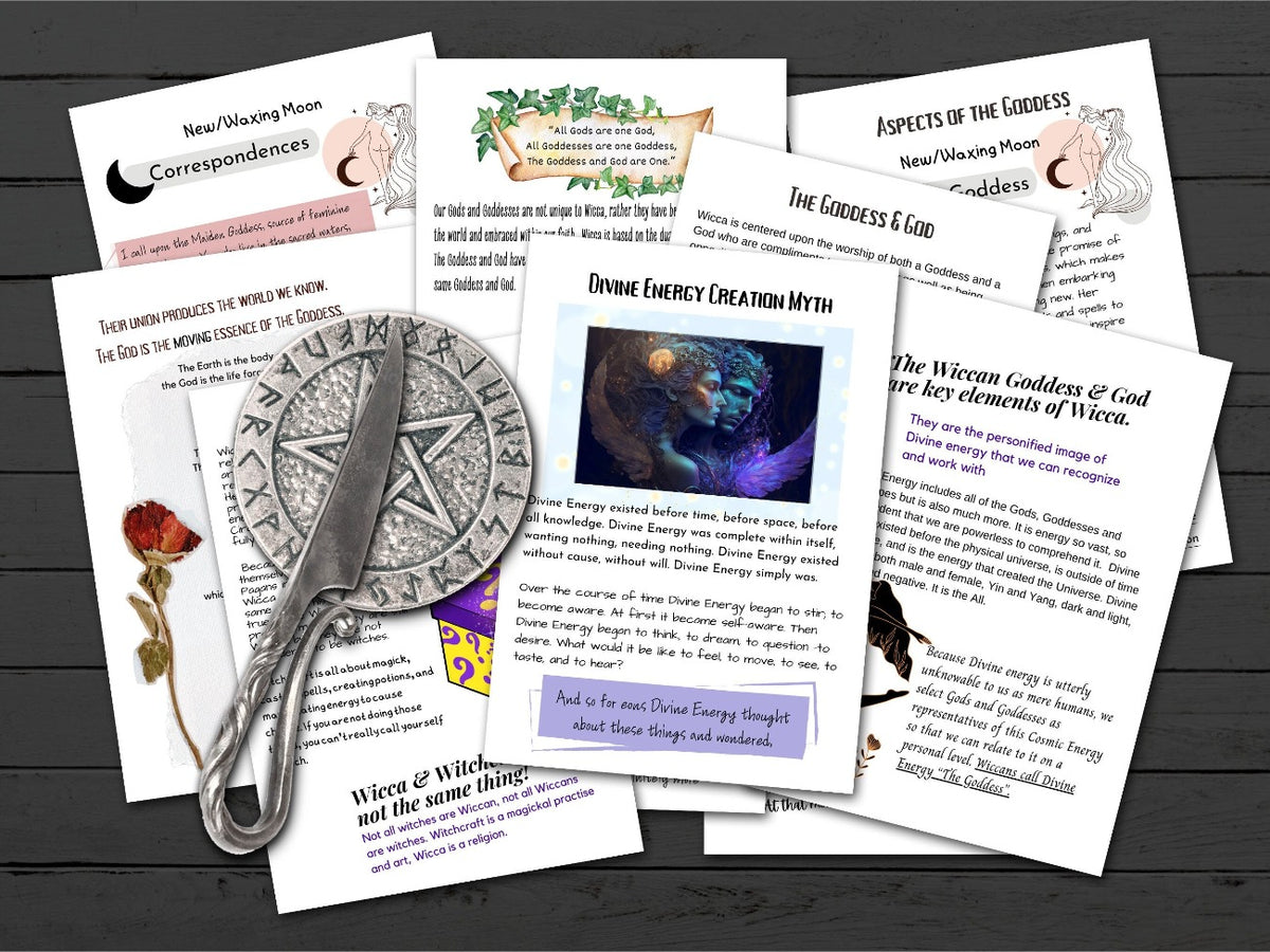 Eight pages withdivine energy creation myth, the goddess and god, wicca and witchcraft, new and waxing moon corresponcences,and motivational text on a black wood background with a pentacle and athame placed on top of them.