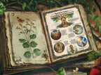 Open book with nature-themed illustrations and text about a Grounding visualization  exercise, on a wooden surface with plants.