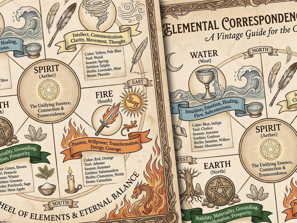 Vintage-style guide to elemental correspondences with symbols and text on a beige background.