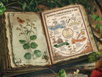 Vintage-style book of shadows on elemental correspondences with nature-themed illustrations.