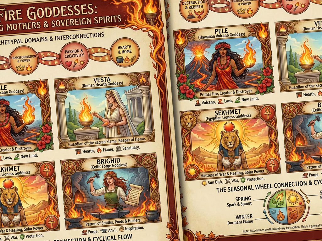 Fire Goddesses Infographic: Dark Academia Spiritual Wall Art