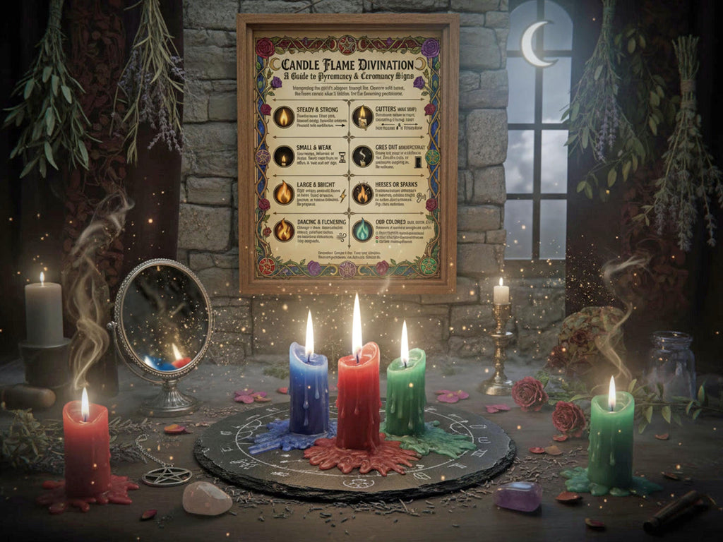 Witchcraft altar setup with candles, a mirror, and a poster on a stone wall.