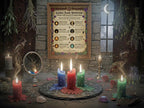 Witchcraft altar setup with candles, a mirror, and a poster on a stone wall.