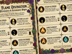 Flame Divination chart for pyromancy and ceromancy signs with colorful border and text.
