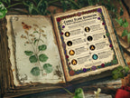 Open book of shadows with candle flame divination chart and botanical illustration, surrounded by greenery.