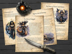 Magical book pages about the flow of magick, with illustrations of a woman and text, accompanied by a sword on a wooden surface.