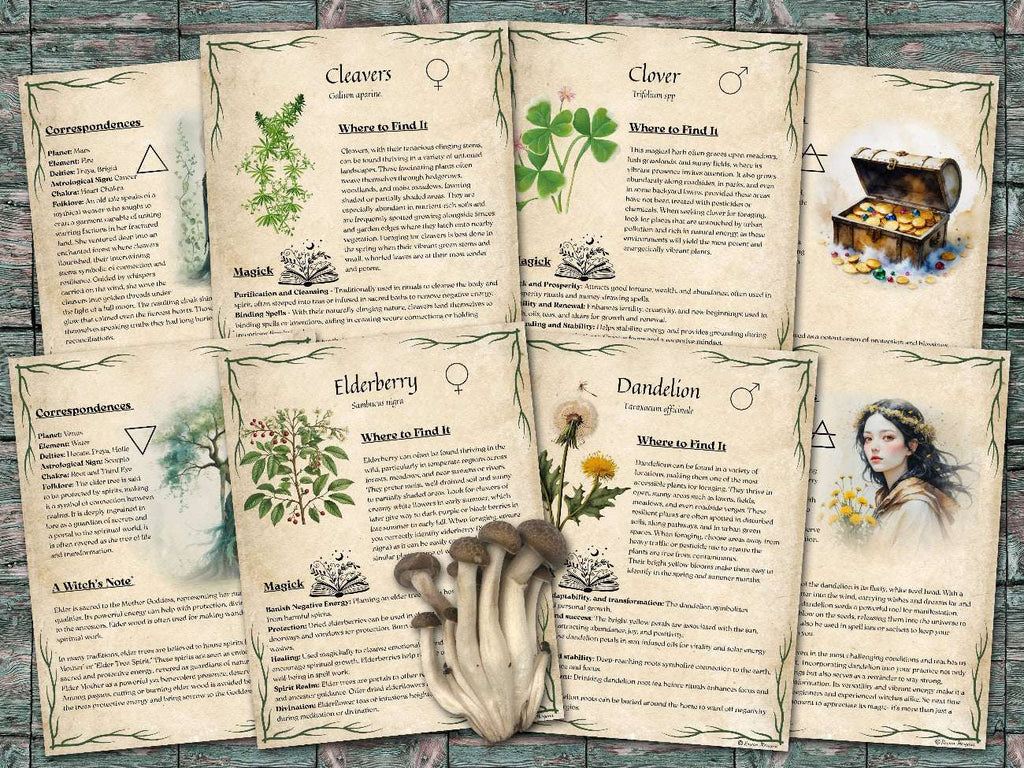 Set of informational parchment pages about  plants for foraging, including cleavers, clover, elderberry and dandelion, on a wooden surface