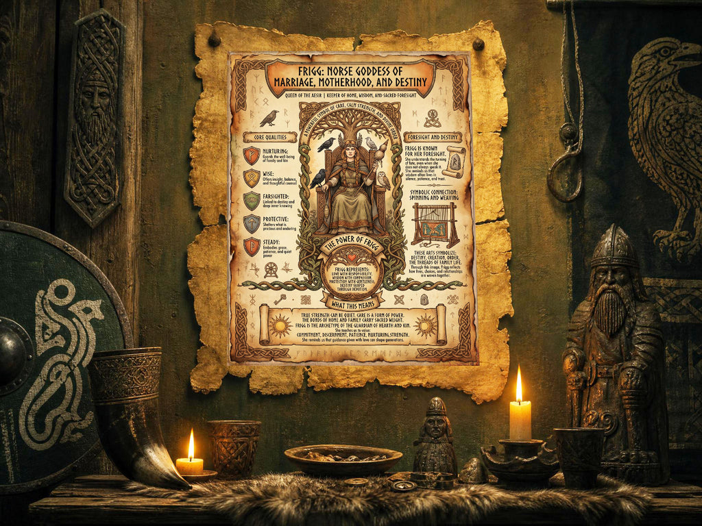 Vintage poster of Frigg Norse goddess on a rustic wooden wall with Viking-themed decor.