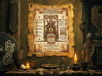 Vintage poster of Frigg Norse goddess on a rustic wooden wall with Viking-themed decor.