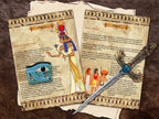 Two pages with images and text about the Goddess Hathor on aged Egyptian parchment paper.