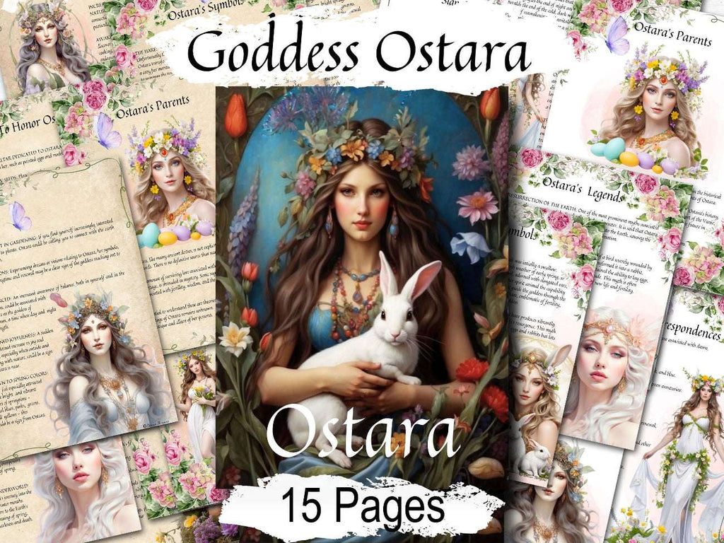 Collage of 'Goddess Ostara' themed pages with illustrations and text.