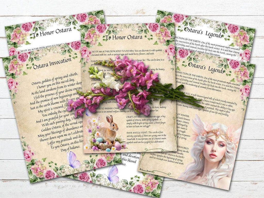 GODDESS OSTARA, Invocation, Legends and Honor Ostara pages shown with both the parchment and white backgrounds - Morgana Magick Spell
