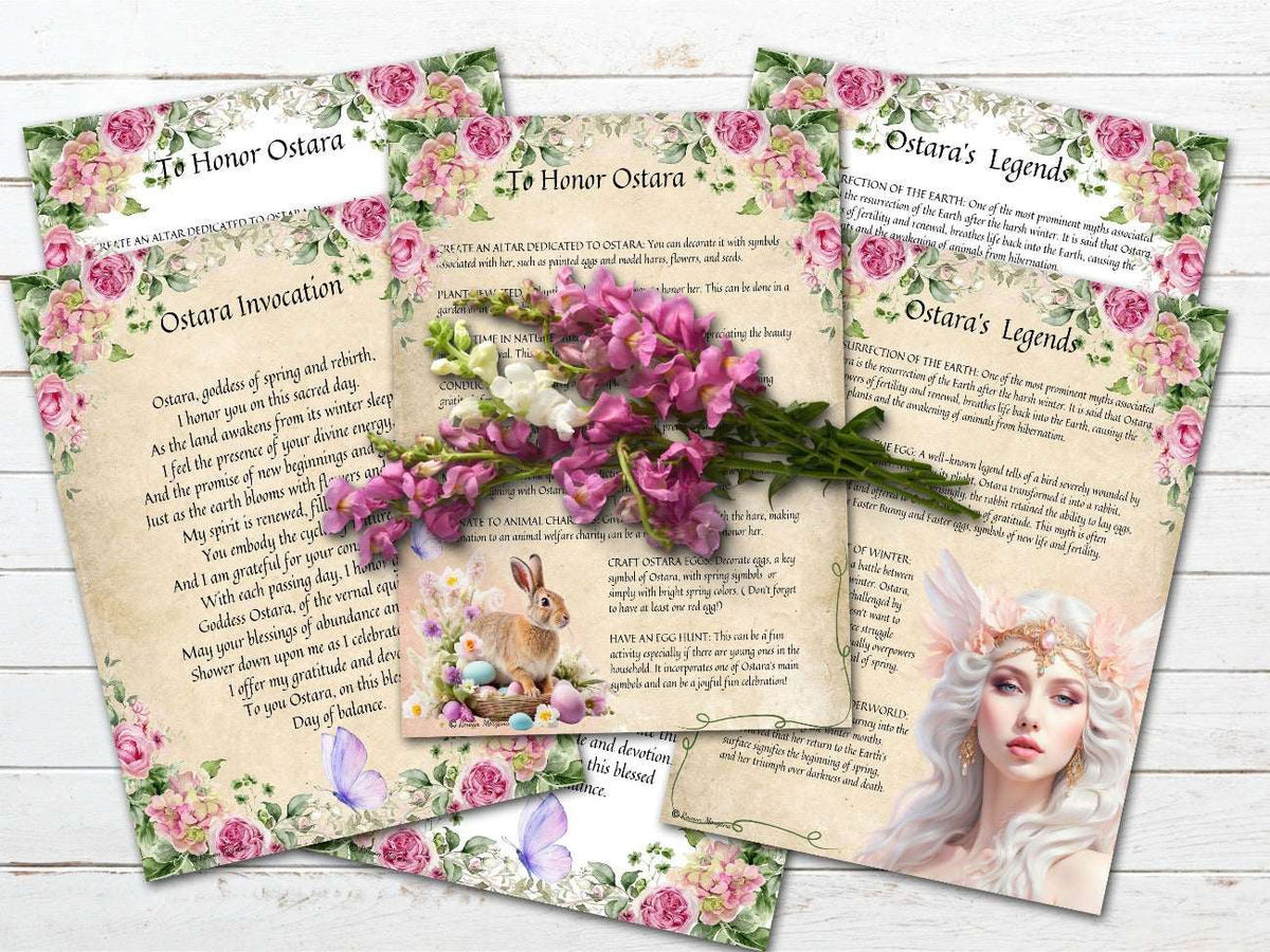 GODDESS OSTARA, Invocation, Legends and Honor Ostara pages shown with both the parchment and white backgrounds - Morgana Magick Spell