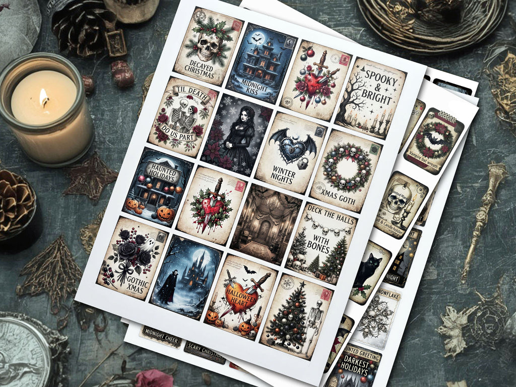 A sheet of Halloween-themed sticker or decal designs laid on a dark textured surface, surrounded by a lit candle, pinecones, dried leaves, and rustic decorative props. The sheet contains multiple vintage-style square illustrations with spooky text and imagery such as skulls, bats, a haunted house, a Christmas tree, and floral motifs.
