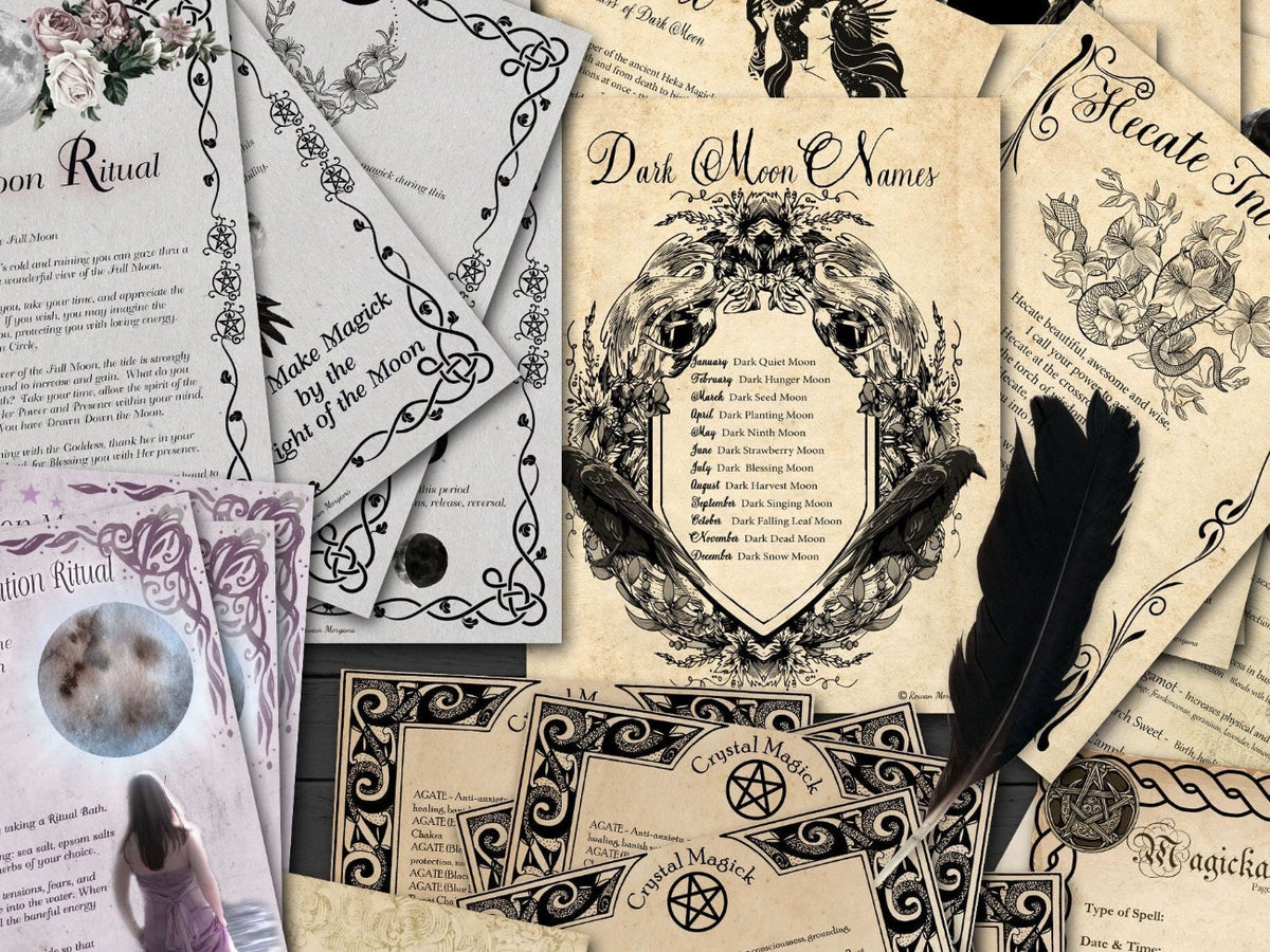 Closeup of witchcraft bundle pages on full and dark moons.