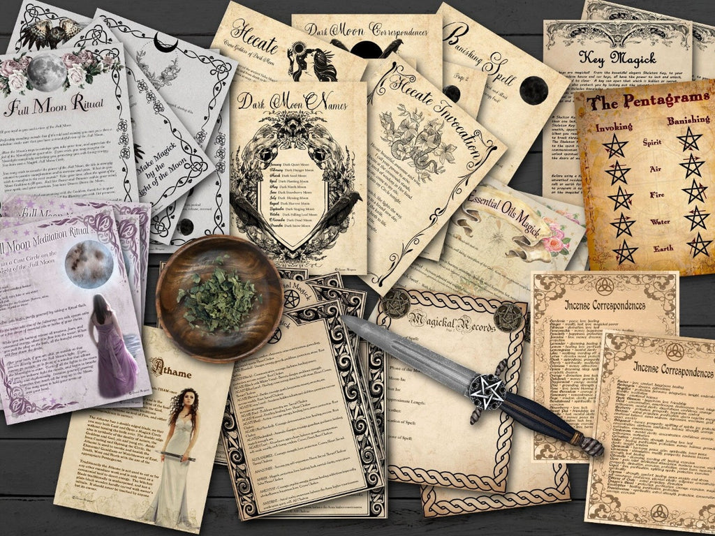 A variety of witchcraft bundle pages includidng incense correspondences and a full moon meditation.