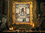 Vintage-style poster of Heimdall in a rustic room with candles and Viking-themed decor.