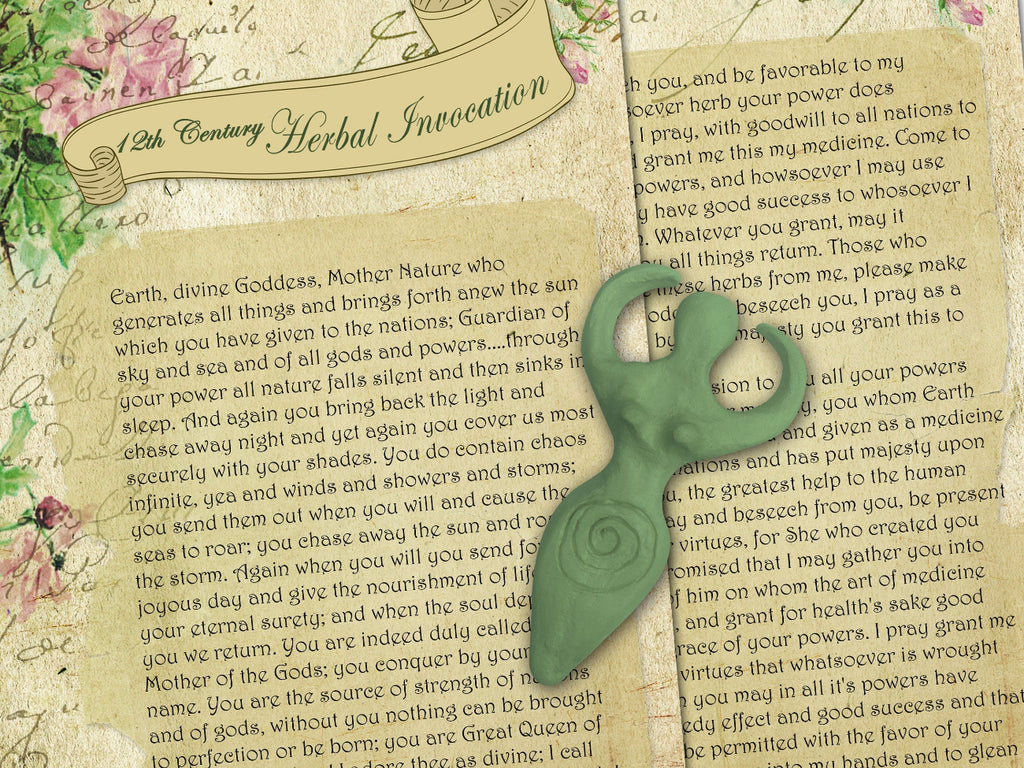 Herbal invocational text with a goddess statue on an aged paper background