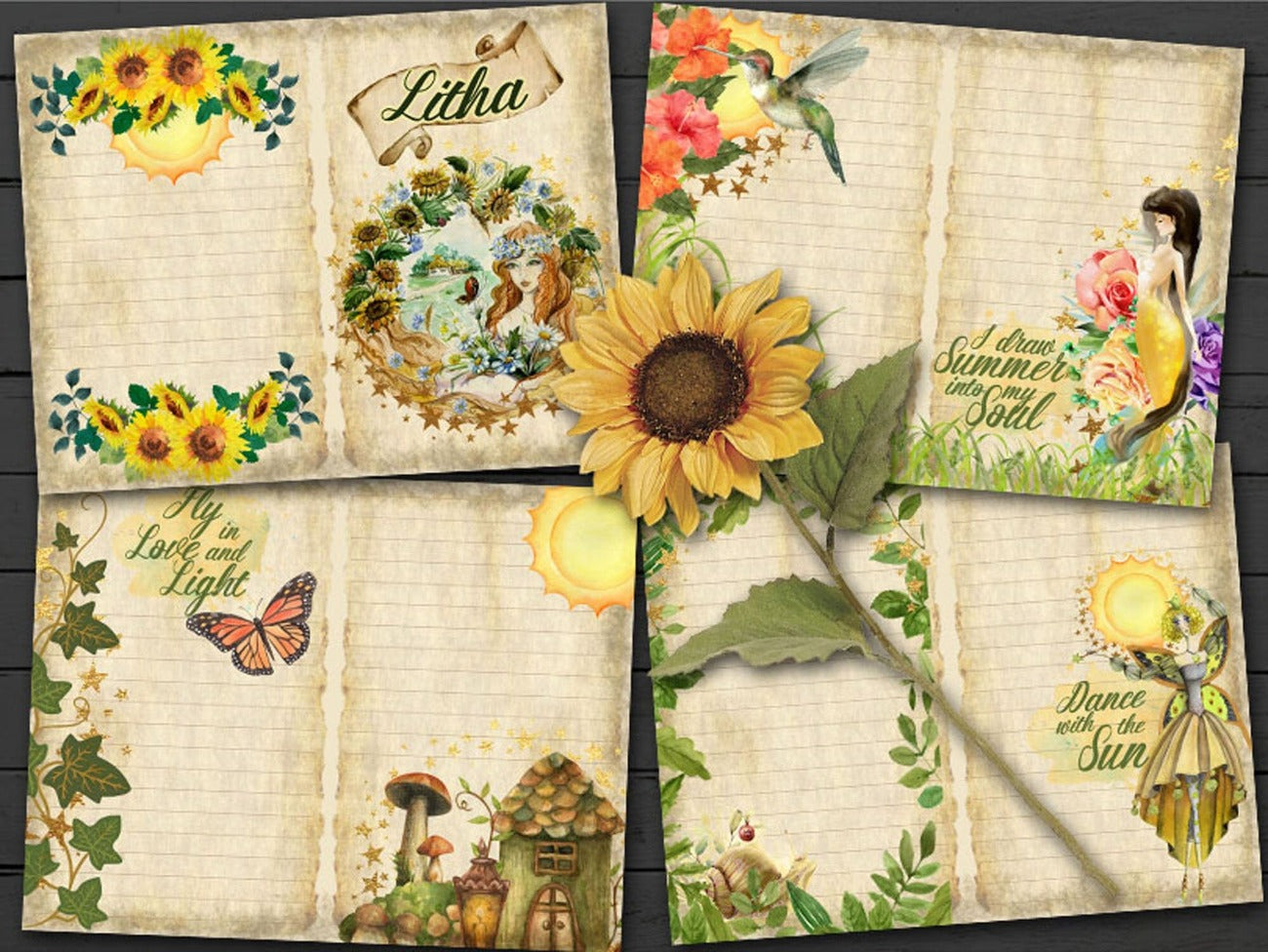 Four Litha pages including Litha front page, floral goddess page with the text “I draw summer into my soul”, butterfly and mushroom page “Fly in Love and Light”, and Fairy dancing in the sunlight “Dance with the sun.”