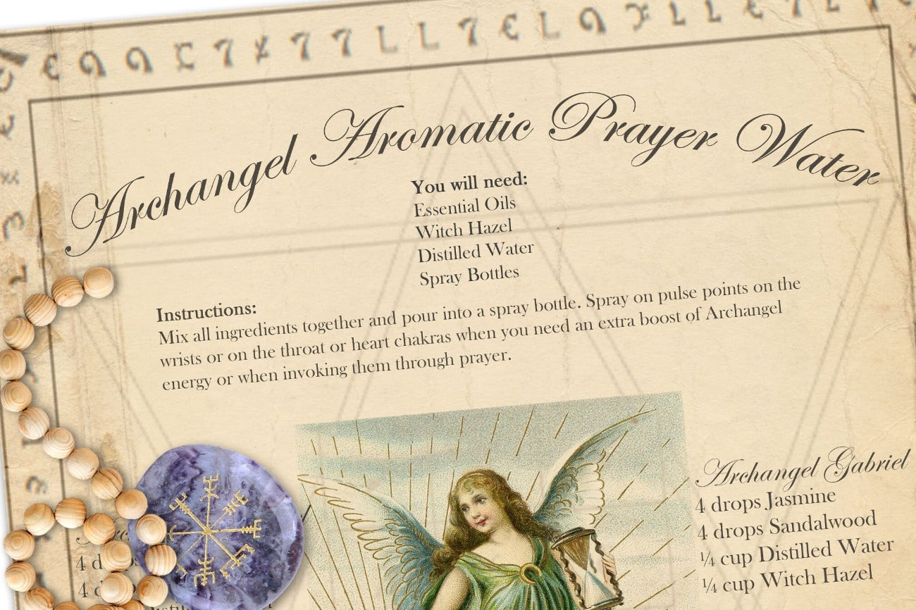 ARCHANGELS PRAYER WATER, Printable close-up image showing text and ingredients list for the recipe.