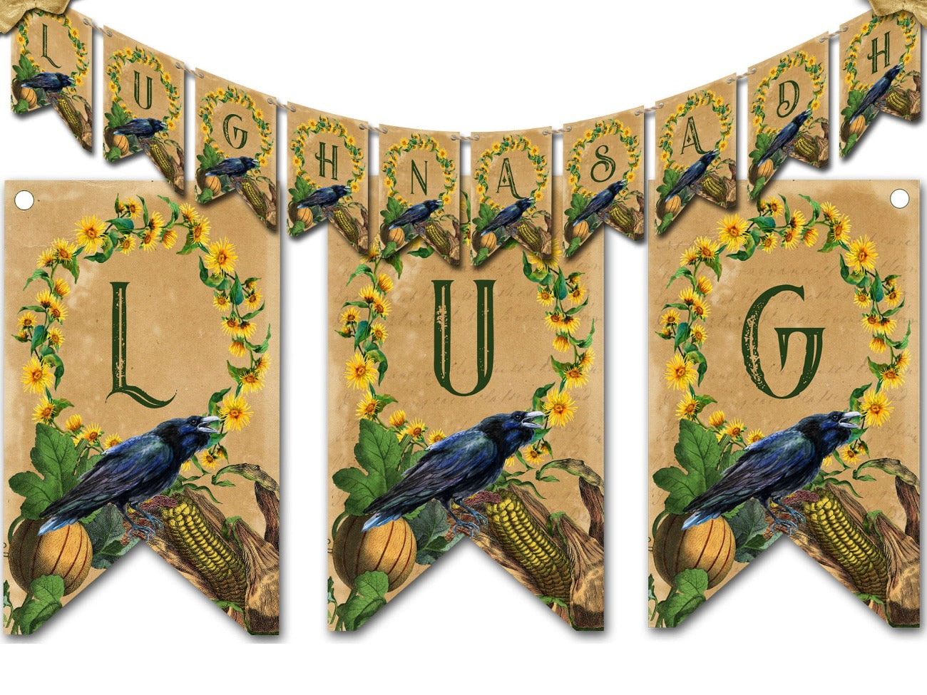 LUGHNASADH BANNER Bunting, Lughnasadh Flags Decoration with Raven and sunflowers on a parchment background.