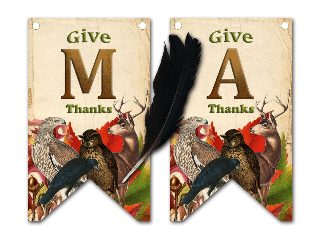 MABON BANNER Thanksgiving Fall Bunting, 11 flags with owl, deer, raven, and wheat.