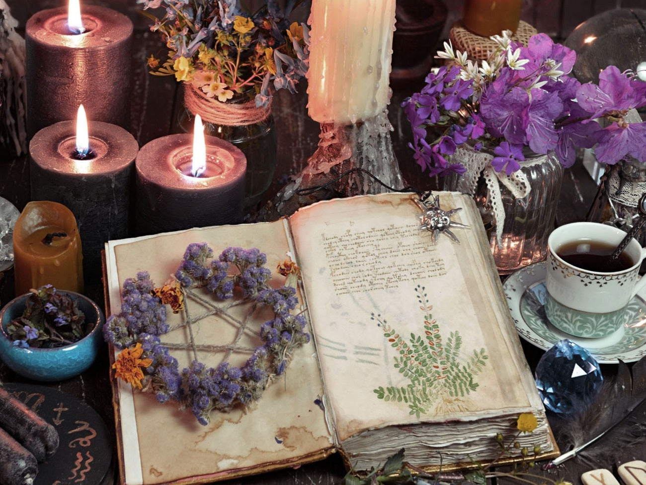 Image of the Voynich Manuscript Book is open upon a Wiccan Altar - Morgana Magick Spell