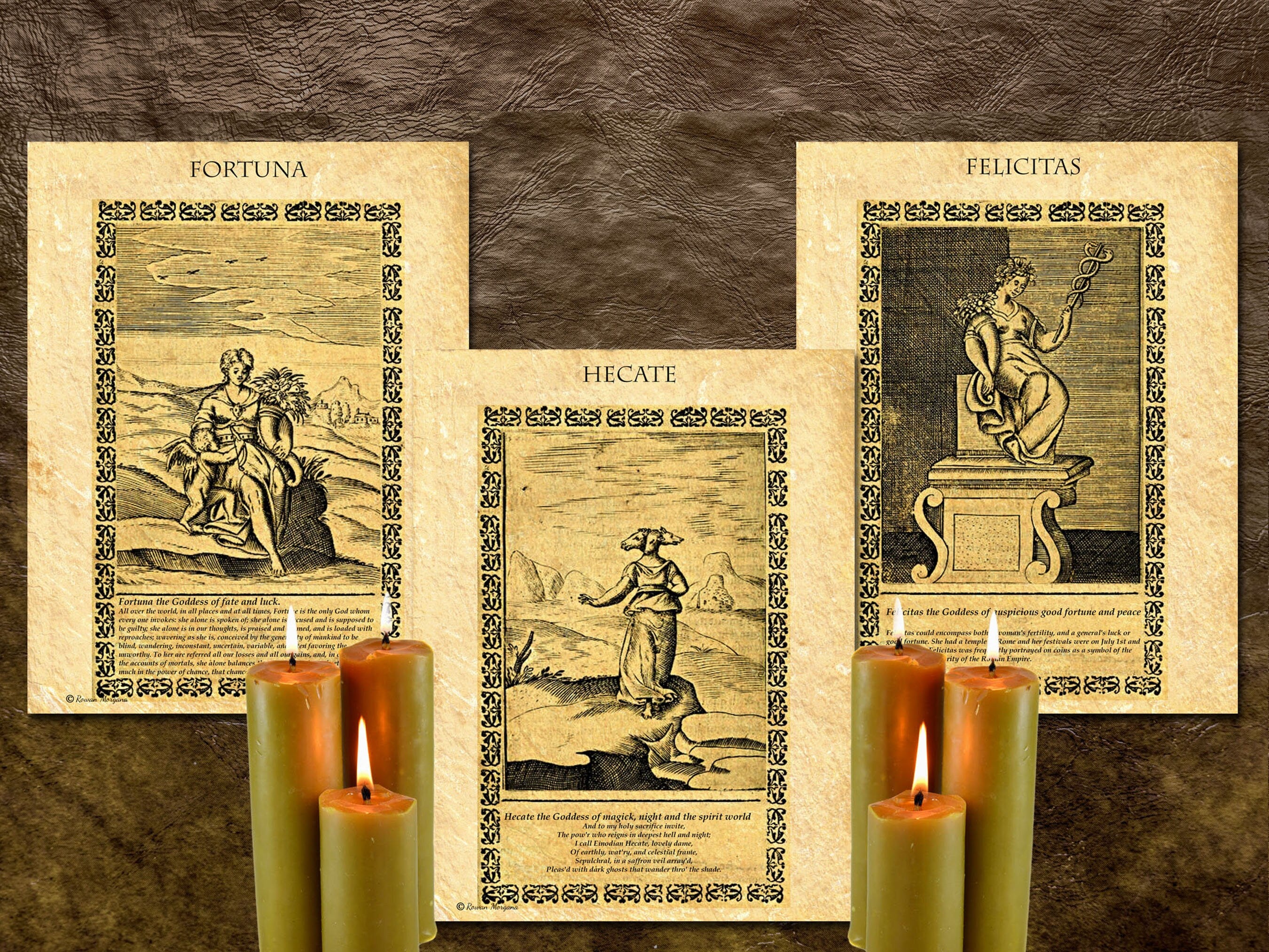 Fortuna, Hecate, and Felicity’s pages with images of the Gods and text describing them.