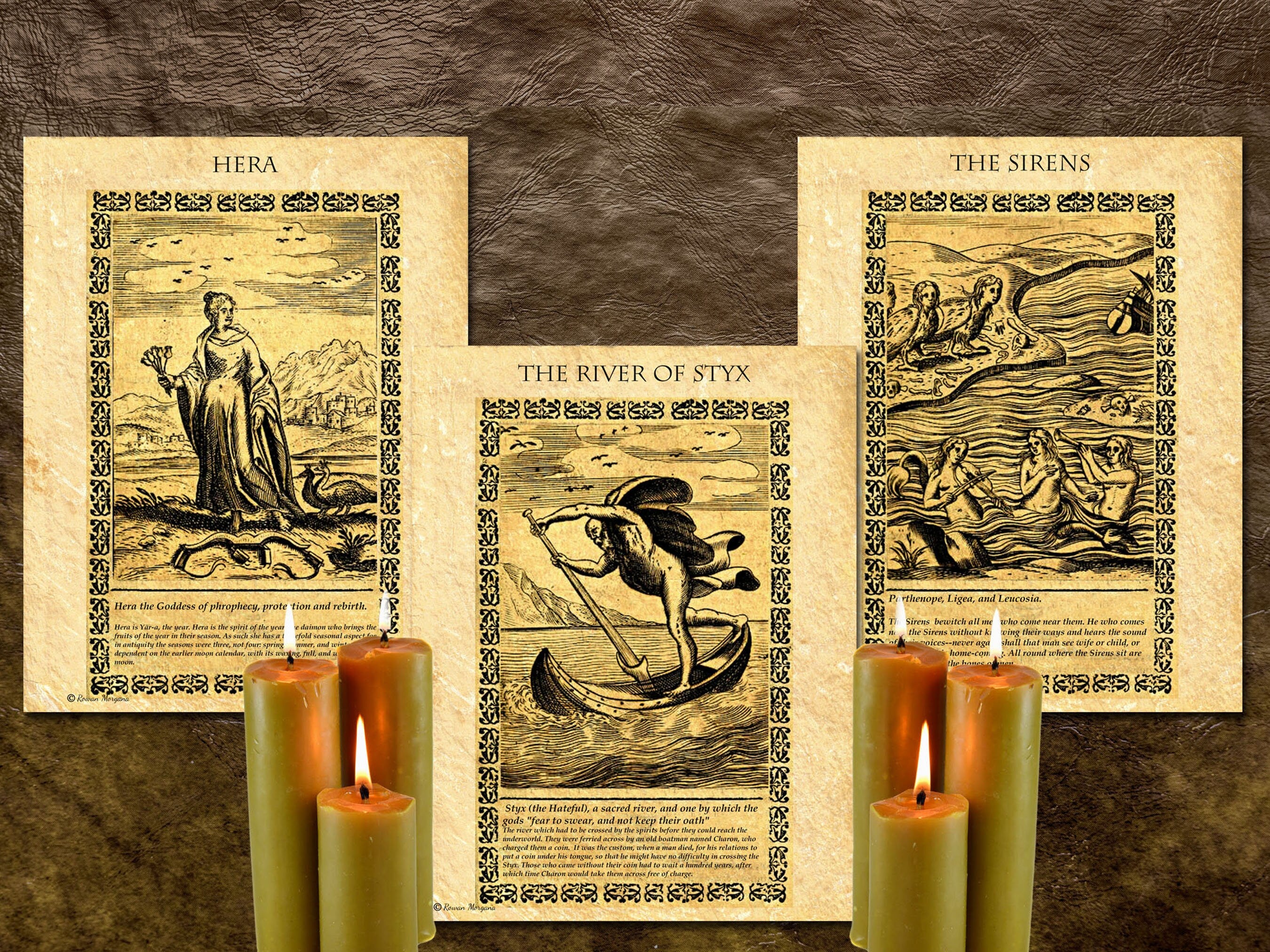 Hera, The River of Styx, and The Siren, pages with images of the Gods and text describing them.