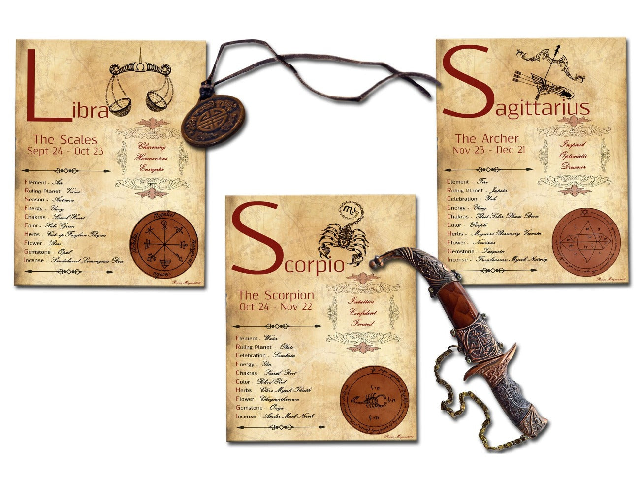 Libra, Sagittarius, and Scorpio pages show the Red Titles and zodiac imagery for each page.