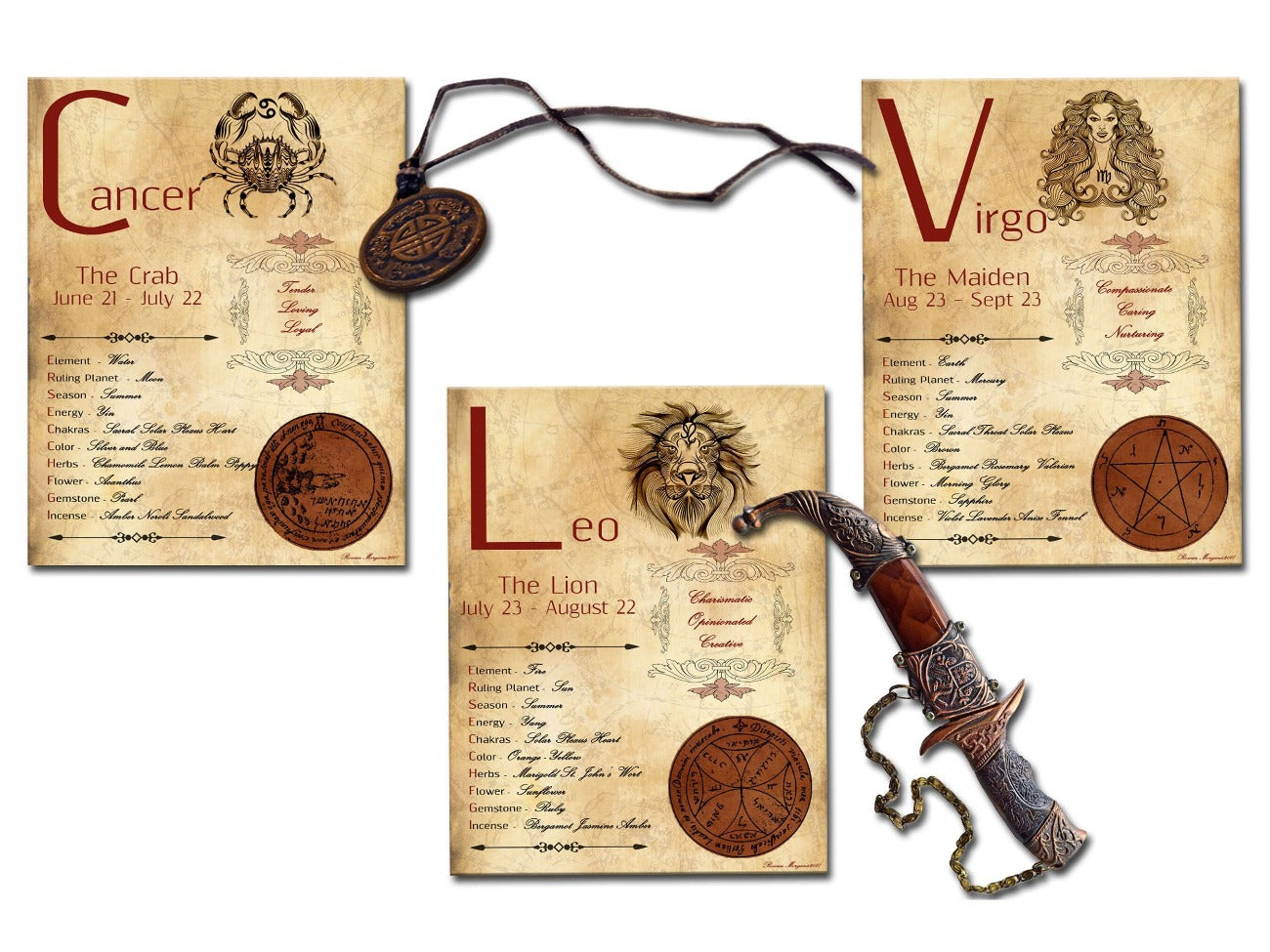 Cancer, Leo, and Virgo pages show the Red Titles and zodiac imagery for each page.