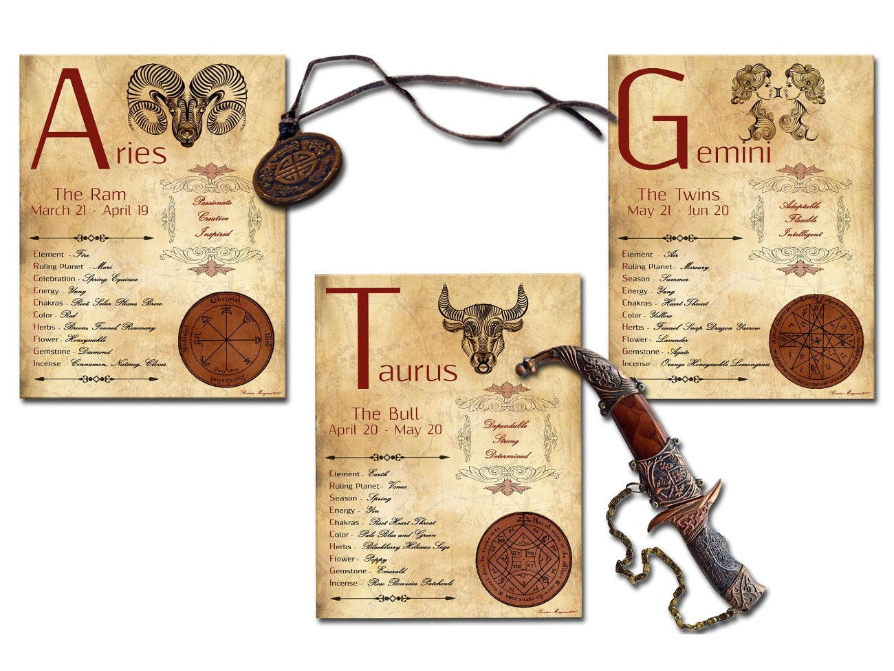 Aries, Gemini, and Taurus pages show the Red Titles and zodiac imagery for each page.
