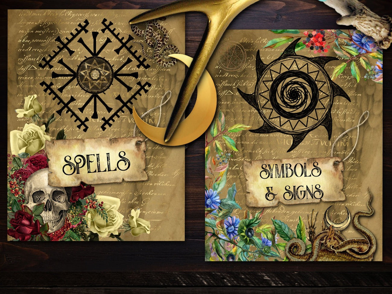 Closeup of Spells and Symbols and Signs Wicca Book of Shadows divider pages. Beautiful Pagan parchment with fantasy creatures, pagan symbols, and flowers- Morgana Magick Spell