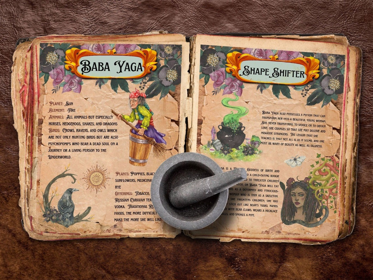 BABA YAGA first two pages are displayed in an open witchcraft book - Morgana Magick Spell