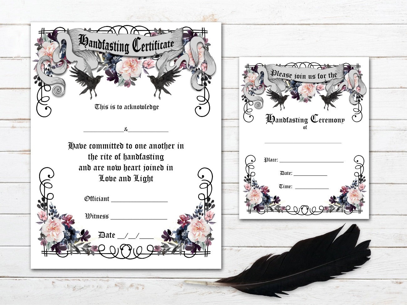 Ravens Handfasting Certificate and Invitation shown with the optional white background.
