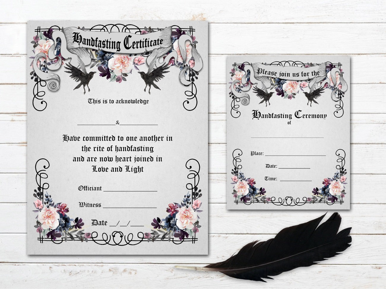 Ravens Handfasting Certificate and Invitation shown with the optional grey background.