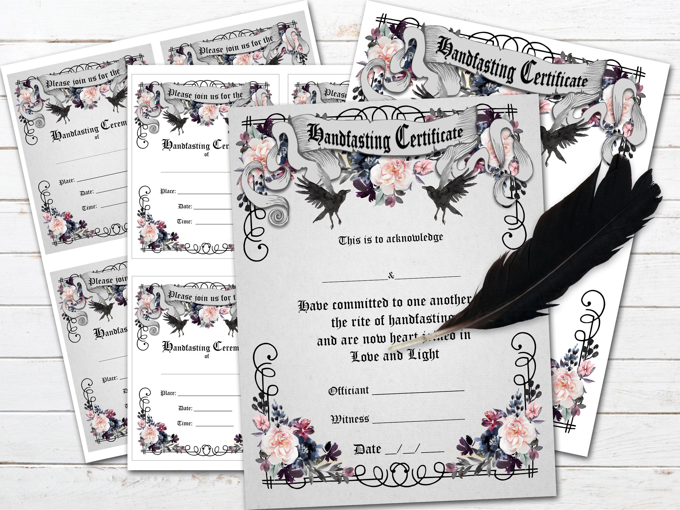 HANDFASTING RAVENS Certificate & Invitation Printable shown with the optional white and grey background.