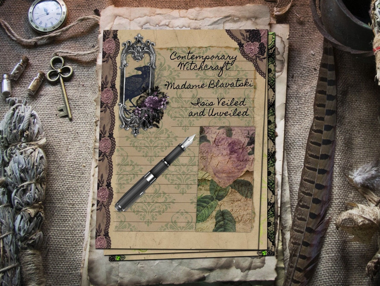WYCHWOOD JOURNAL Printable parchment page with a crow and roses shown placed with ancient papers and an ink pen - Morgana Magick Spell