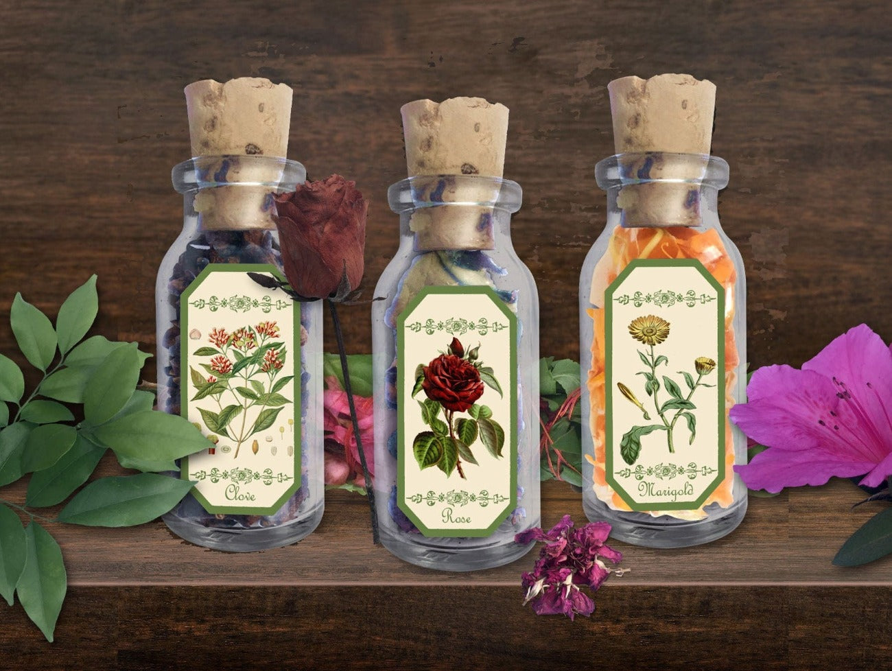3 HERBAL APOTHECARY LABELS Placed on small jars filled with herbs with corked lids - Morgana Magick Spell