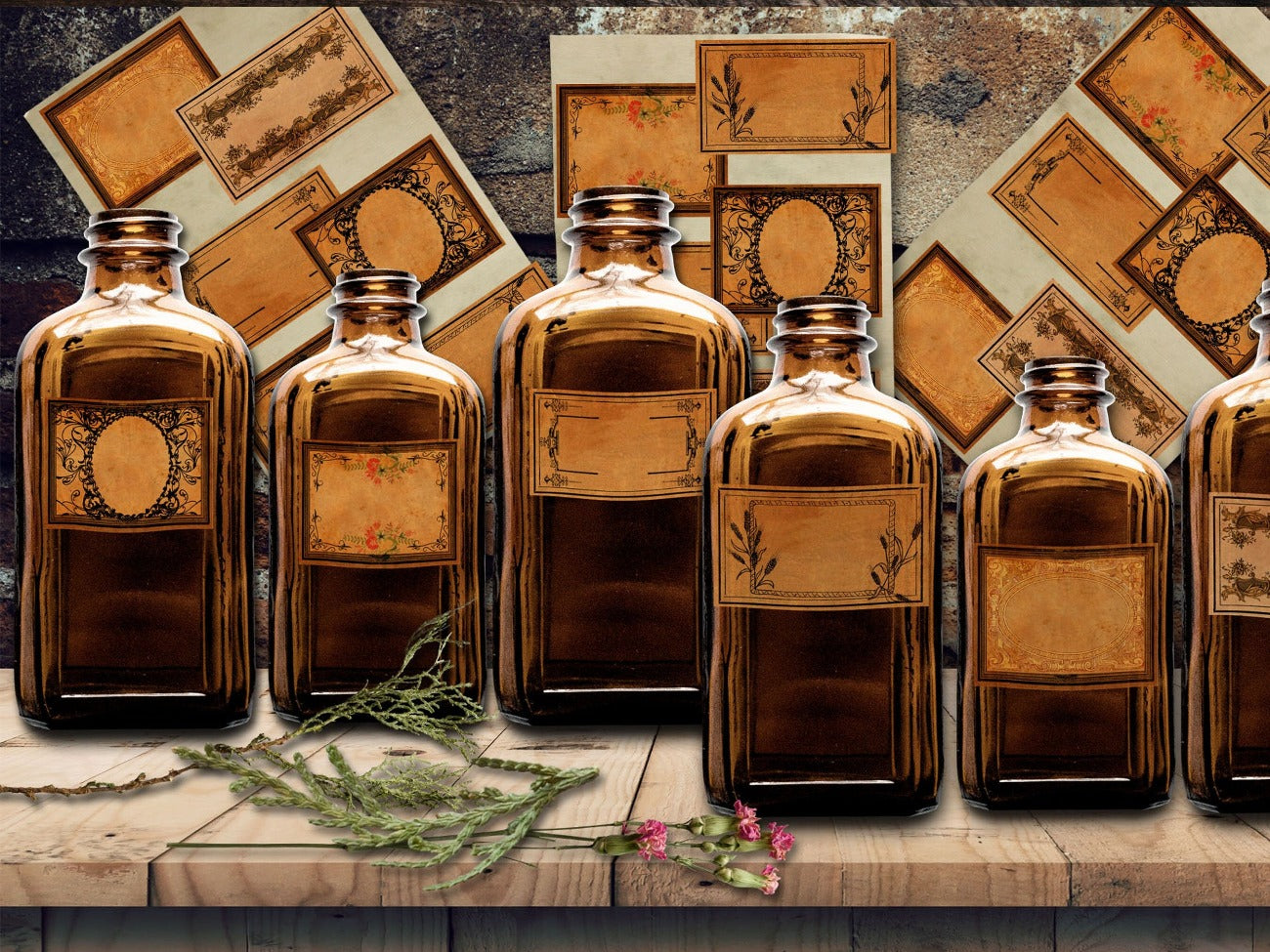 VINTAGE APOTHECARY LABELS Printable 6 Labels shown placed on vintage apothecary jars - Morgana Magick Spell