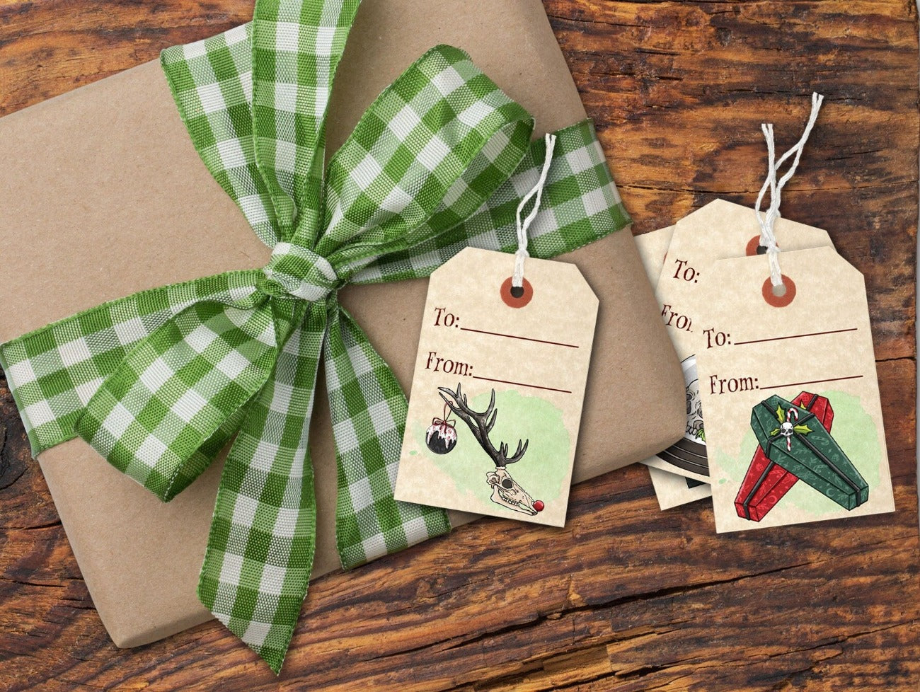 SCARY CHRISTMAS Gift Tag Labels,shown with a wrapped gift - Morgana Magick Spell