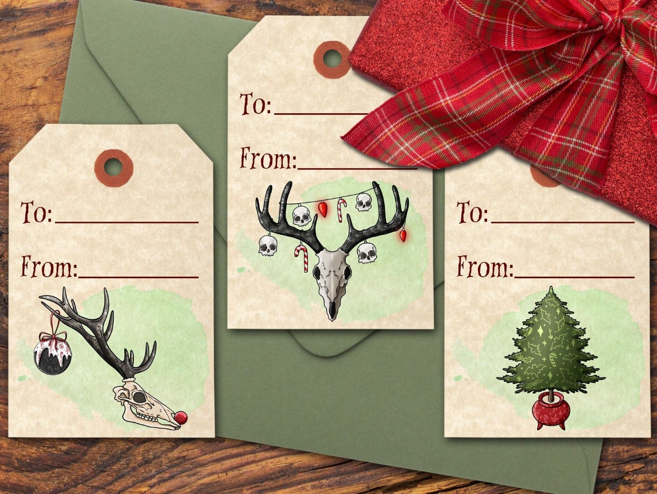 Three SCARY CHRISTMAS Gift Tag Labels,with deer skulls, and a Christmas tree, Printable Tags - Morgana Magick Spell