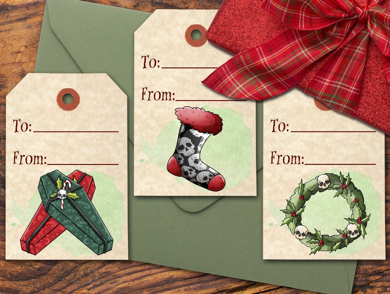 SCARY CHRISTMAS Gift Tag Labels, 3 Tags with a pair of red and green coffins, a scull patterned stocking, and a skull wreath - Morgana Magick Spell