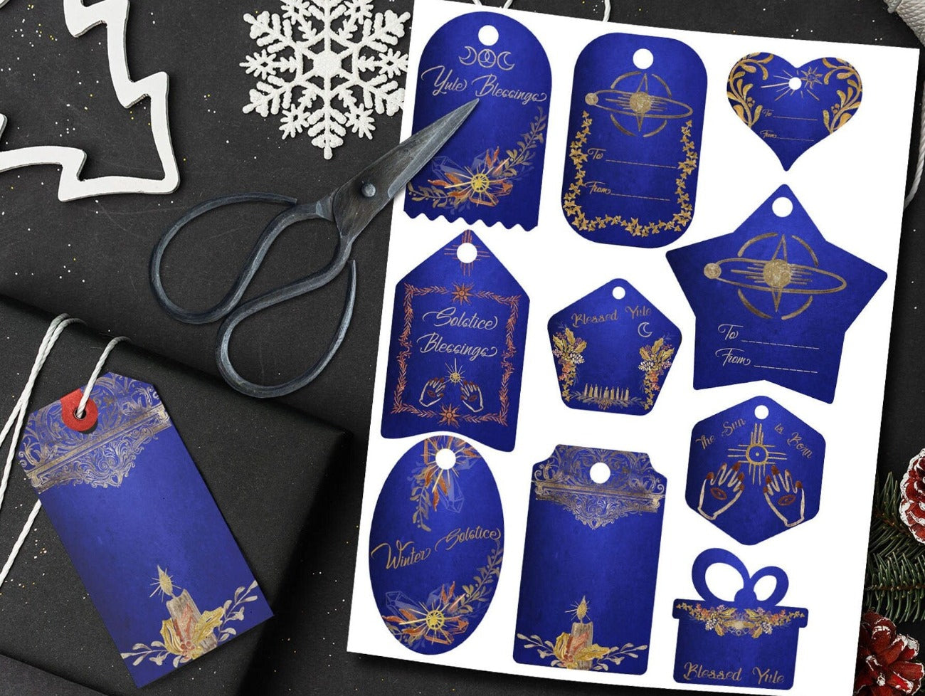 YULE Gift Tags Cobalt blue with gold accents Printable 10 Tags - Morgana Magick Spell