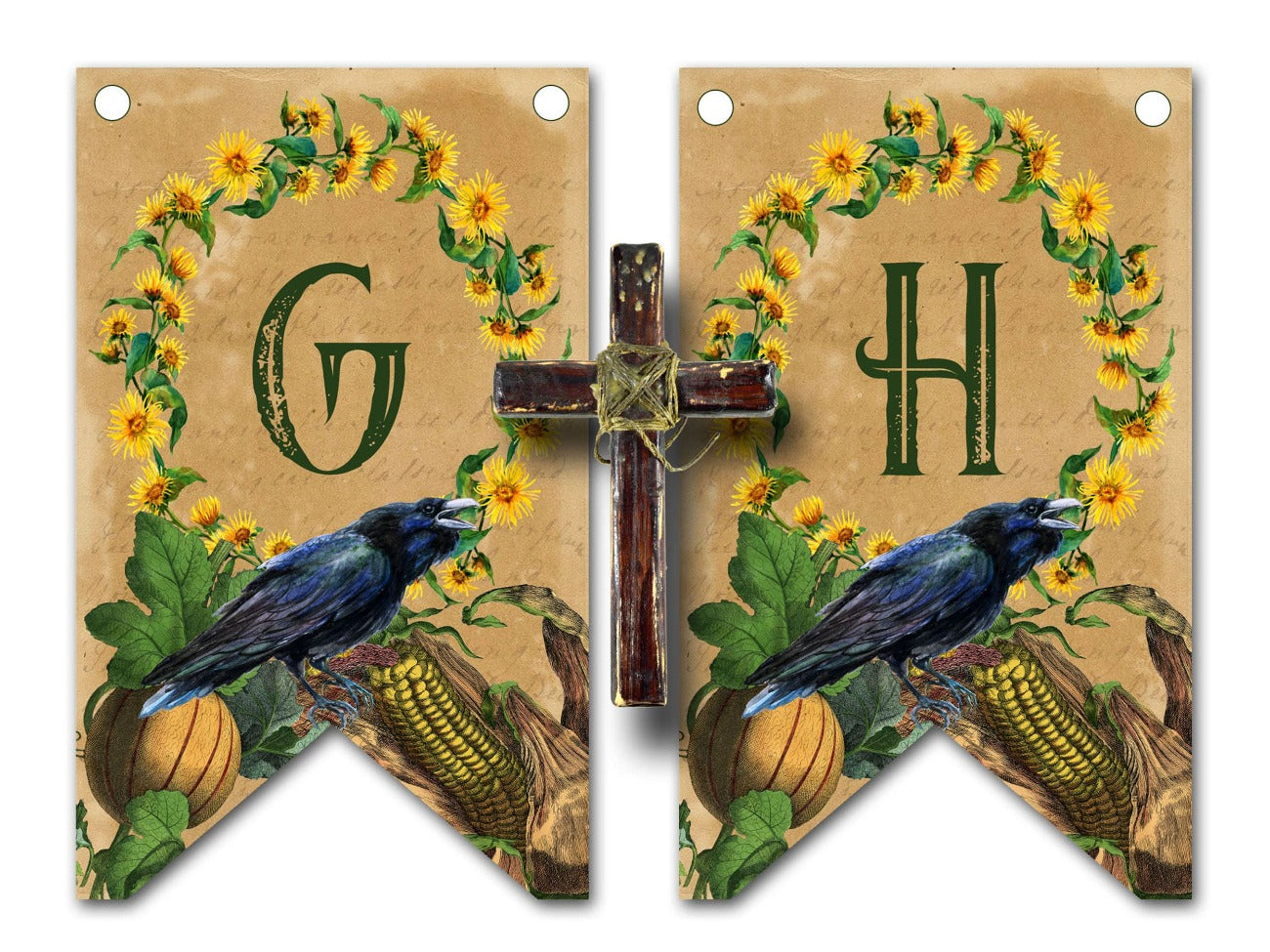 LUGHNASADH BANNER Bunting, Lughnasadh Flags Decoration with Raven and sunflowers on a parchment background.
