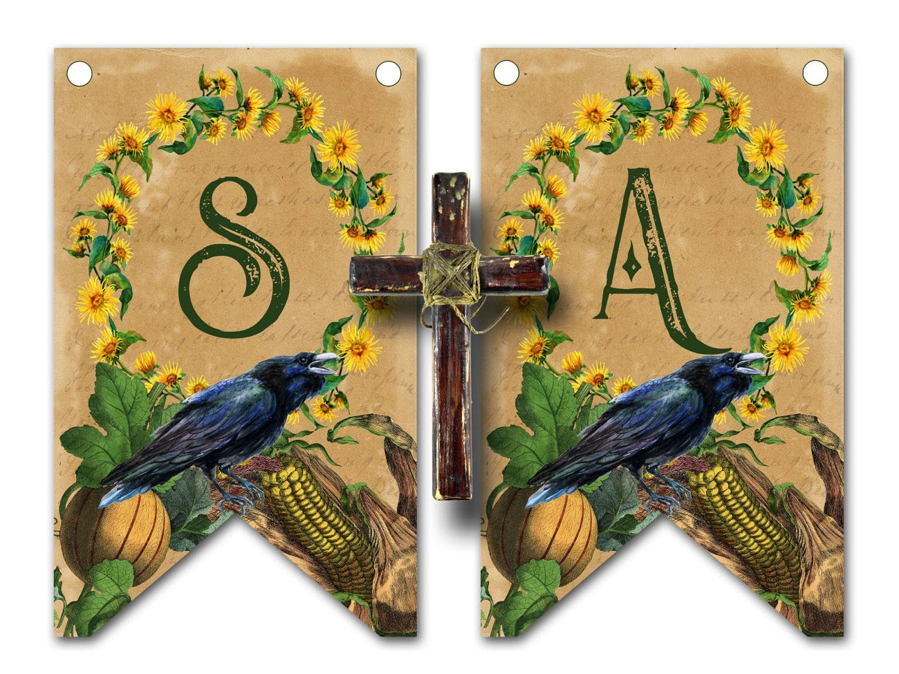 LUGHNASADH BANNER Bunting, Lughnasadh Flags Decoration with Raven and sunflowers on a parchment background.