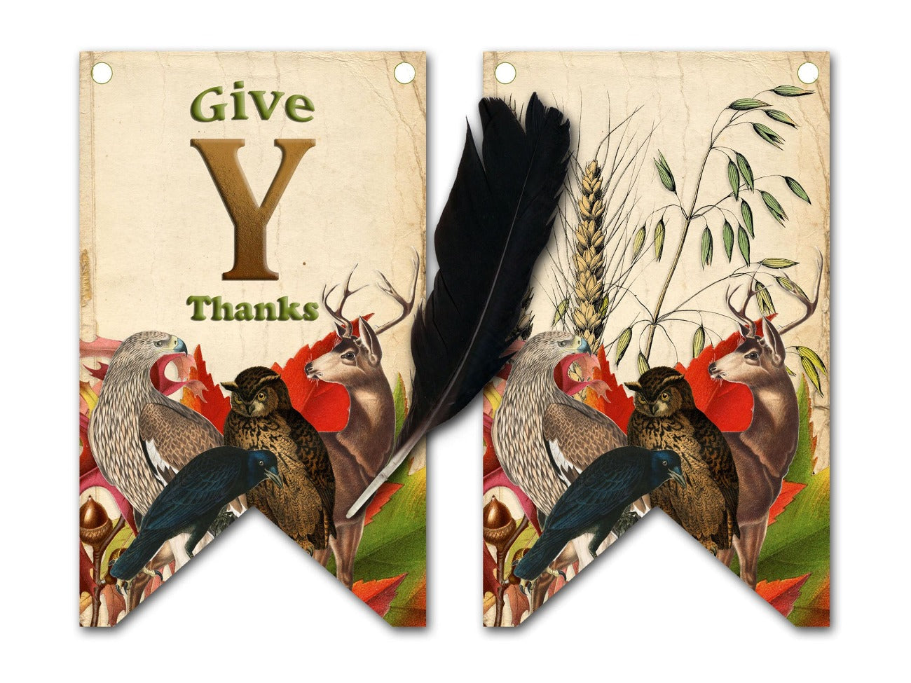 MABON BANNER Thanksgiving Fall Bunting, 11 flags with owl, deer, raven, and wheat.